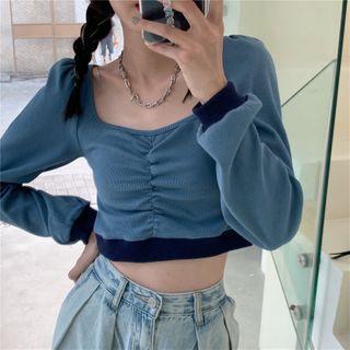 Ruched Square-neck Cropped Color Panel Long-sleeve Knit Top