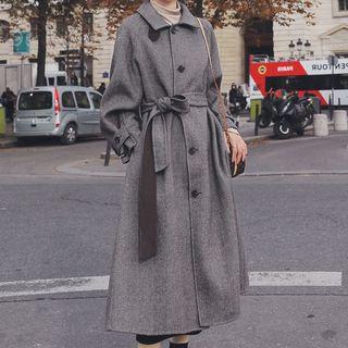 Tie-waist Collared Single-breasted Midi Coat