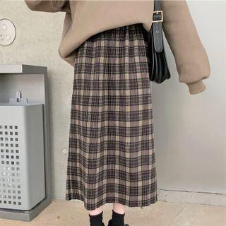 Plaid Midi A-line Skirt Plaid - Gray - One Size