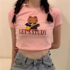 Short-sleeve Cartoon Print Cropped T-shirt / Plaid Fitted Mini Skirt