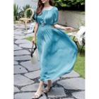 Off-shoulder Smocked Maxi Satin Dress