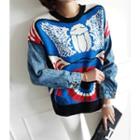 Patterned Loose-fit Sweater Blue - One Size