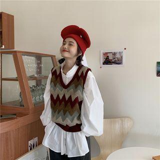 Balloon-sleeve Blouse / V-neck Printed Knit Vest