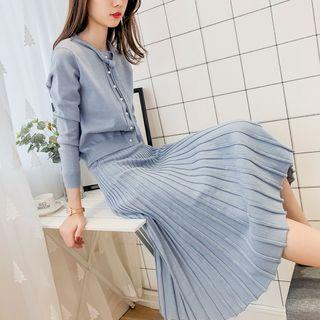 Set: Long-sleeve Faux Pearl Knit Top + A-line Knit Skirt