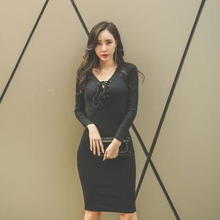 Long-sleeve Lace-up Bodycon Dress