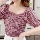Gingham Shirred Puff-sleeve Blouse