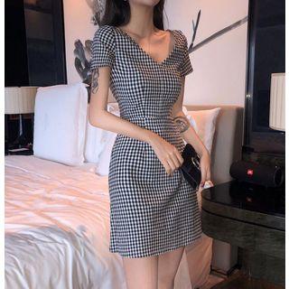 Short-sleeve Plaid Mini A-line Dress