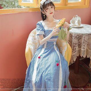 Short-sleeve Floral Embroidered Gingham Midi A-line Dress