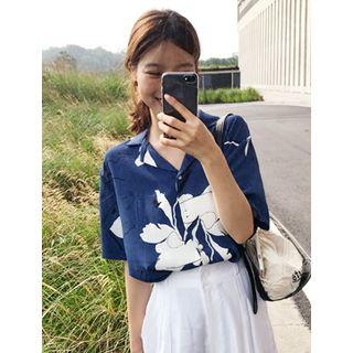 Notched-collar Short-sleeve Print Shirt
