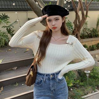Square-neck Design Ribbed Knit Top