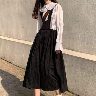Long-sleeve Frill Trim Shirt / A-line Midi Dungaree Dress
