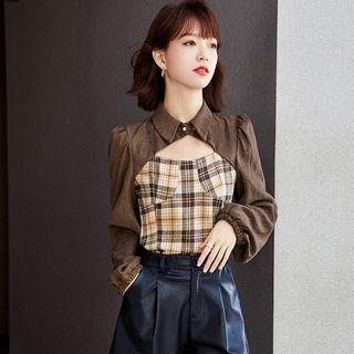 Mock Two Piece Lantern-sleeve Cutout Plaid Blouse