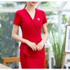 V-neck Short-sleeve Sheath Peplum Dress