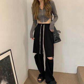 Asymmetrical Cropped Long-sleeve Cardigan / Drawstring Ripped Pants