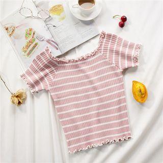 Short-sleeve Off Shoulder Stripe Knit Top