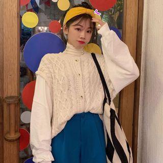 Mock Two-piece Buttoned Knit Pullover Almond - One Size