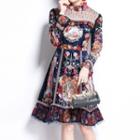 Bell-sleeve Print Mesh Mini A-line Dress