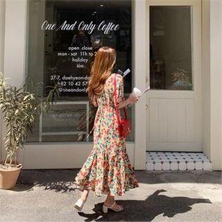 Floral Print Wrap-front Dress Red - One Size