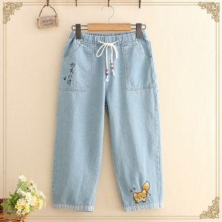 Fox Embroidered Drawstring Cropped Jeans