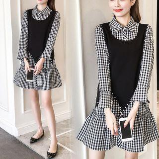 Set: Check Long-sleeve A-line Shirt Dress + Vest