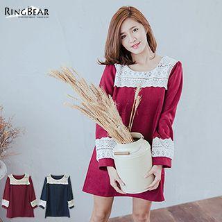 Long-sleeve Lace Panel Woolen Dress