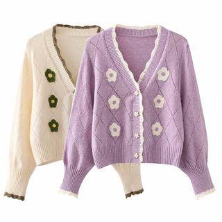Contrast-trim Eyelet Knit Cardigan
