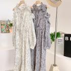 Long-sleeve Cold-shoulder Floral Print Midi A-line Dress