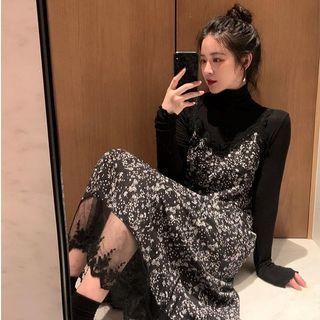 Set: Long-sleeve T-shirt + Spaghetti Strap Floral Print Midi A-line Dress