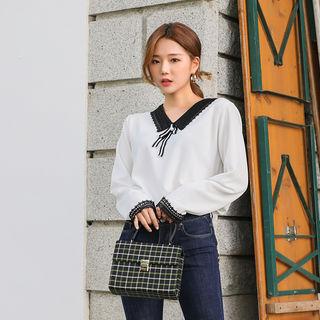 Contrast-collar Blouse With Brooch