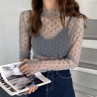Long-sleeve Lettering Print Mesh Top