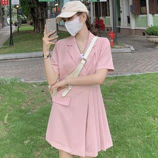 Short-sleeve Plain Asymmetrical Hem Mini A-line Shirtdress Pink - One Size