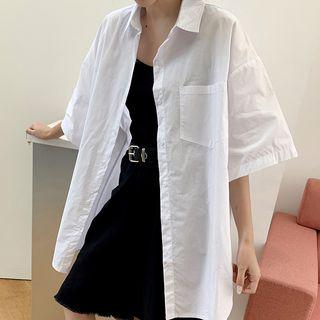 Pocket-detail Elbow-sleeve Oversize Shirt White - One Size