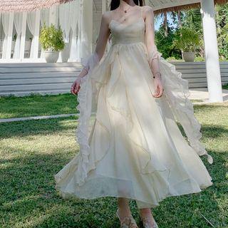 Spaghetti Strap Ruffled Chiffon Maxi Dress / Light Jacket / Set
