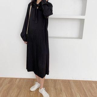 Long-sleeve Tie-neck Pleated Midi A-line Dress Black - One Size