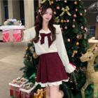 Bell-sleeve Ruffled Ribbon Blouse / Mini A-line Skirt
