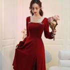 Long-sleeve Ribbon Sheath Evening Dress