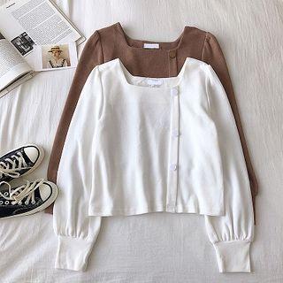 Plain Single-breasted Square-neck Puff-sleeve Blouse