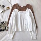 Plain Single-breasted Square-neck Puff-sleeve Blouse