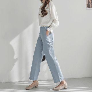 Band-waist Button-trim Wide-leg Pants