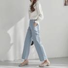 Band-waist Button-trim Wide-leg Pants