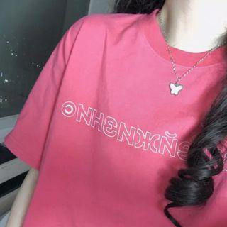 Lettering Print Short-sleeve Tee Cherry Pink - One Size