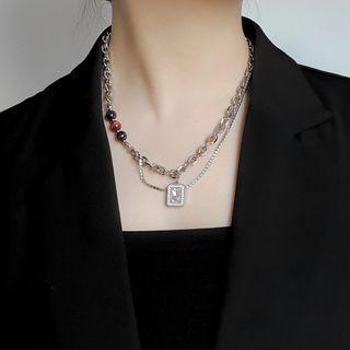 Rhinestone Pendant Beaded Chain Necklace Silver - One Size