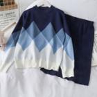 Set: Loose-fit Argyle Sweater + Midi Skirt