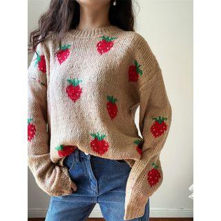 Strawberry Jacquard Sweater Khaki - One Size
