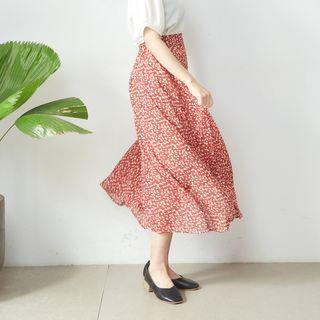 Floral Print Midi A-line Skirt Red - One Size