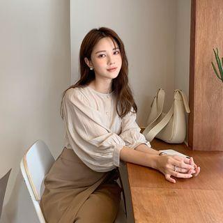 Balloon-sleeve Shirred Blouse Light Beige - One Size