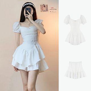 Set: Puff Sleeve Square Neck Ruffled Top + Mini Skirt