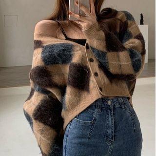 V-neck Argyle Cardigan Black & Brown - One Size