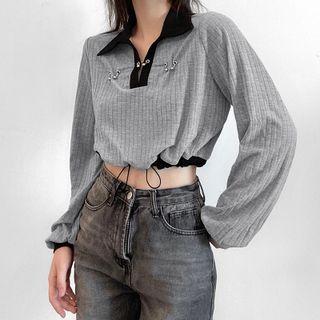Long-sleeve Collared Drawstring-cuff T-shirt