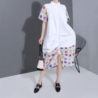 Short-sleeve Dotted Panel Midi Shirtdress White - One Size